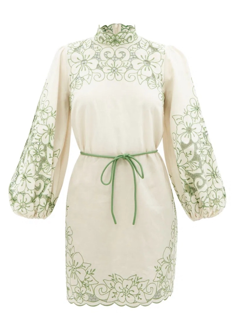 Zimmermann Cream Dress with Green Floral Embroidery